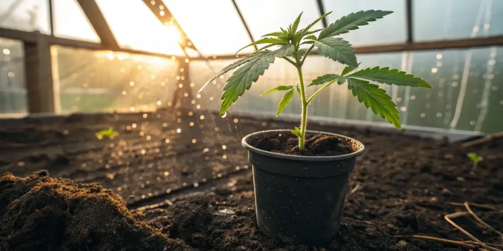 Close-up shot of a cannabis seedling in a small pot, with fresh soil and leaves visible.