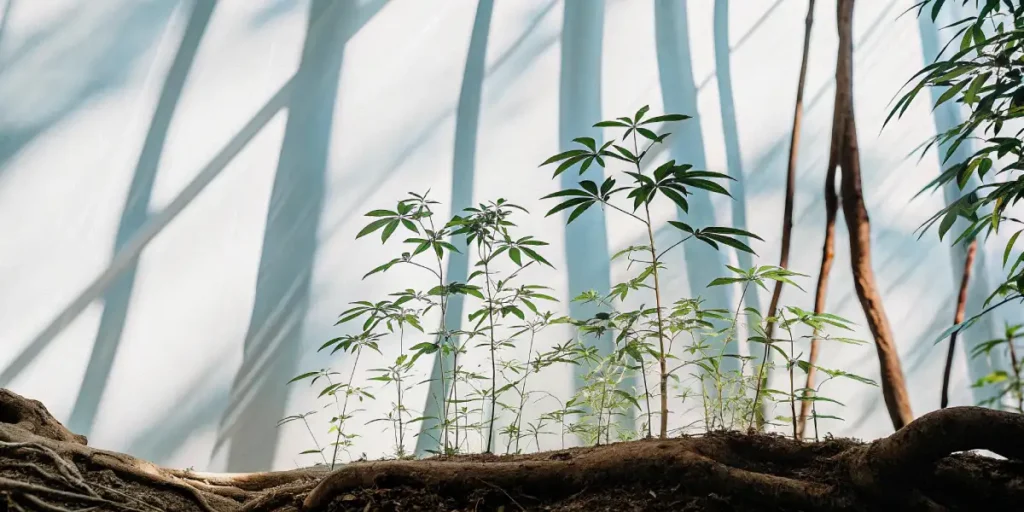 Young cannabis seedlings with soft shadows, growing under bright light.