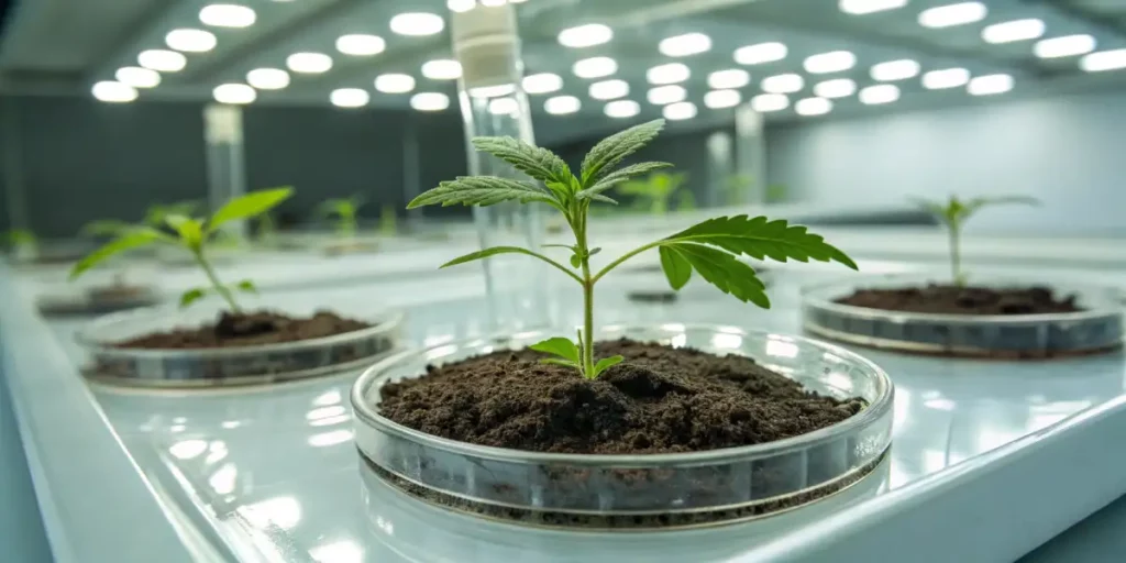 Cannabis seedlings growing in a petri dish, displayed under bright lights.