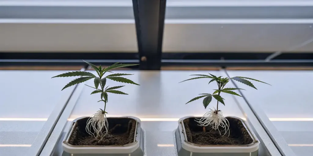 Cannabis seedlings with exposed roots growing in small pots on a tray under artificial lights.