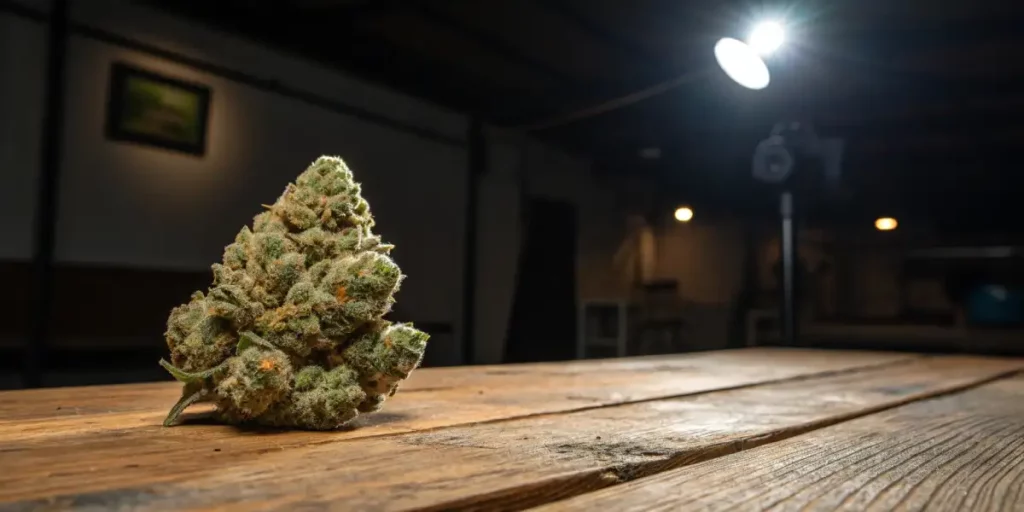 Close-up of a cannabis bud with dense, cloudy trichomes covering the surface.