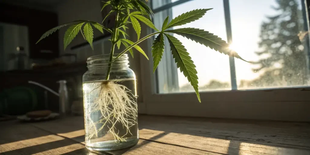 Cannabis clone in jar with roots submerged in water near a sunlit window.