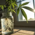 Cannabis clone in jar with roots submerged in water near a sunlit window.