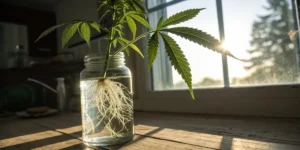 Cannabis clone in jar with roots submerged in water near a sunlit window.