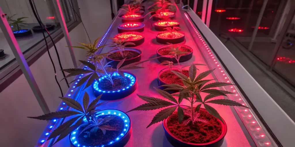 Cannabis clones illuminated by red and blue LED lights in a hydroponic growing setup.