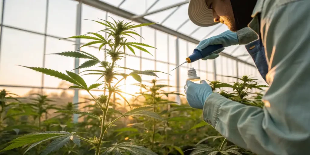 A cultivator applying nutrients to a cannabis plant in a greenhouse during sunset.