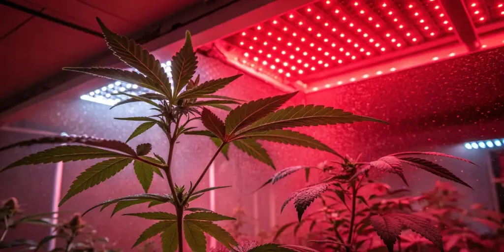 Cannabis cuttings growing under intense red LED lights in a controlled indoor environment.