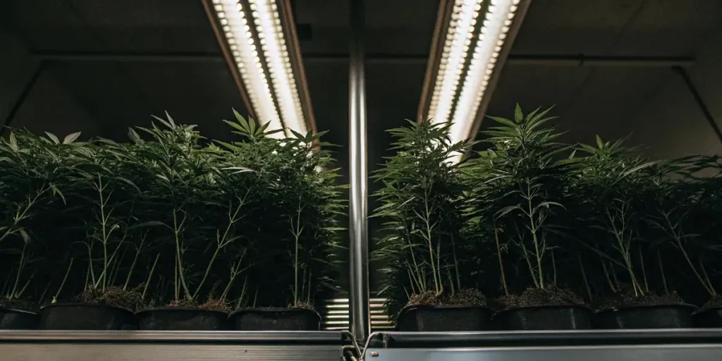 Cannabis cuttings with emerging adventitious roots visible in clear water.
