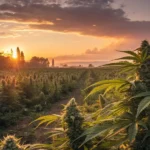 Cannabis field with tall plants bathed in the golden light of sunset.