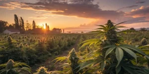 Cannabis field with tall plants bathed in the golden light of sunset.