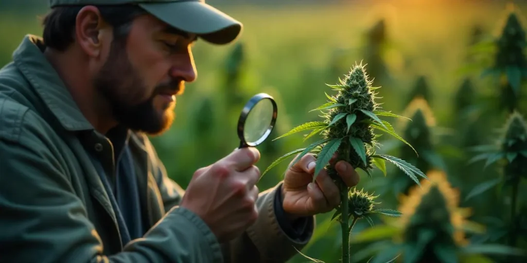 Cannabis grower inspecting AK Auto buds with magnifying glass.
