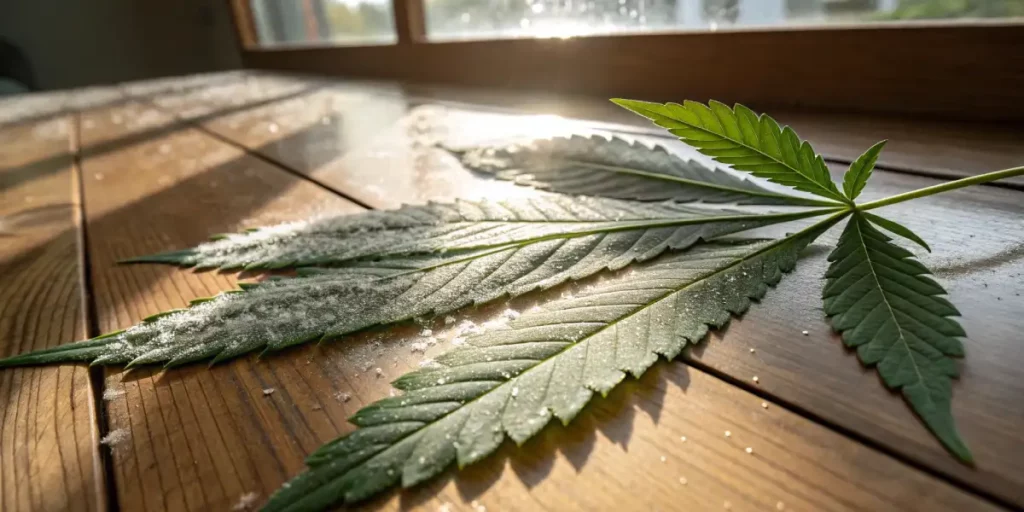 Cannabis leaf placed on a wooden table with sunlight casting shadows and light.
