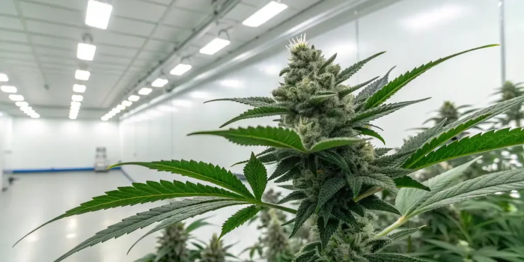 Cannabis plant with a dense bud in a controlled indoor grow room with white lighting.