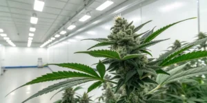 Cannabis plant with a dense bud in a controlled indoor grow room with white lighting.