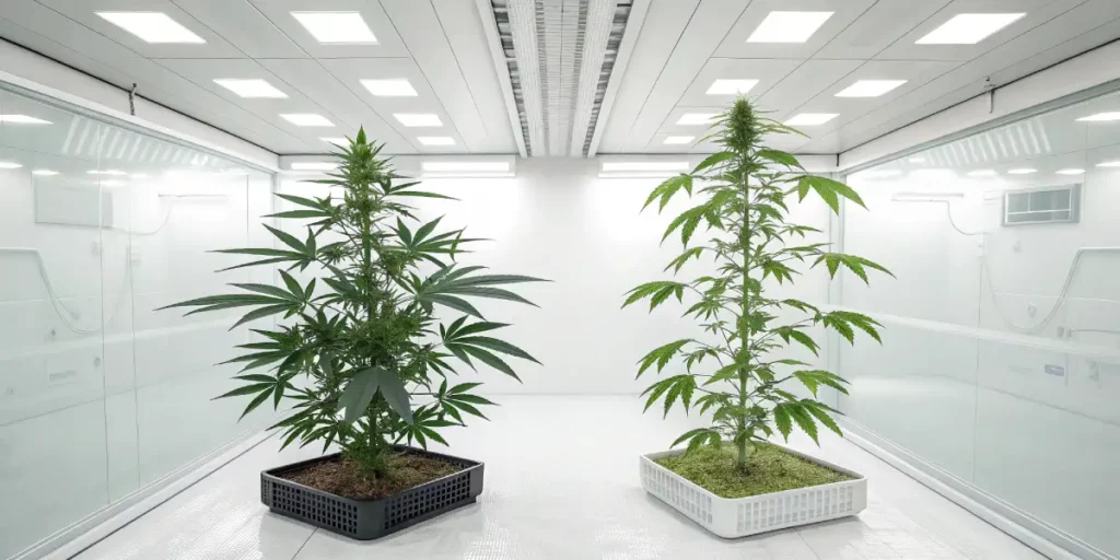 Cannabis plant with dense buds growing under artificial lights in a clean, controlled environment.