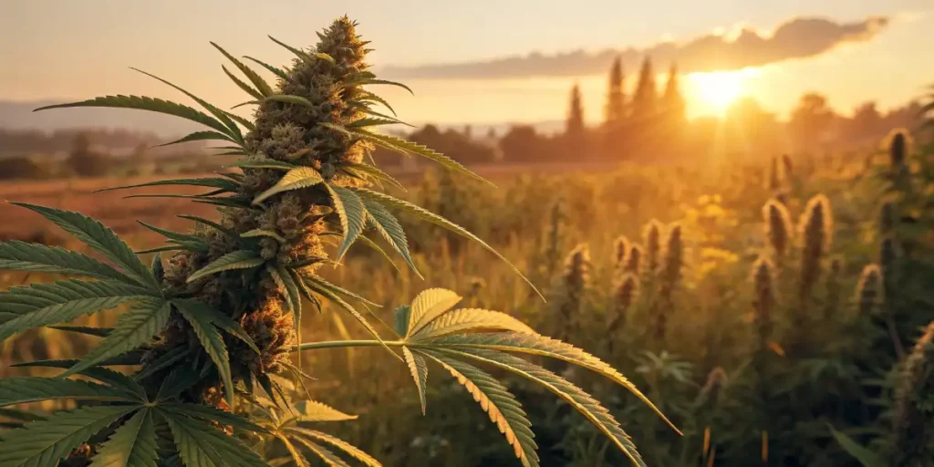 Cannabis plant in flowering stage with sun setting behind it in a field.