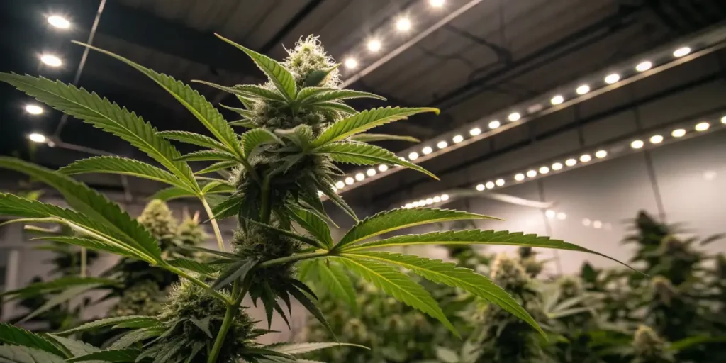 Cannabis plant with buds and leaves illuminated by LED lights in an indoor grow room.