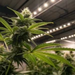 Cannabis plant with buds and leaves illuminated by LED lights in an indoor grow room.