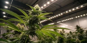Cannabis plant with buds and leaves illuminated by LED lights in an indoor grow room.