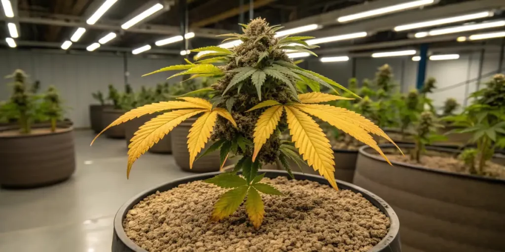 Cannabis plant with yellowing leaves, a sign of nutrient burn from overfertilization.