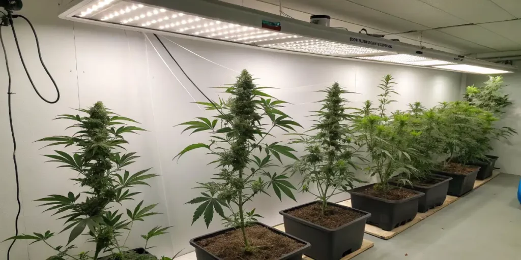 Row of cannabis plants growing under bright LED lights in a controlled indoor environment.