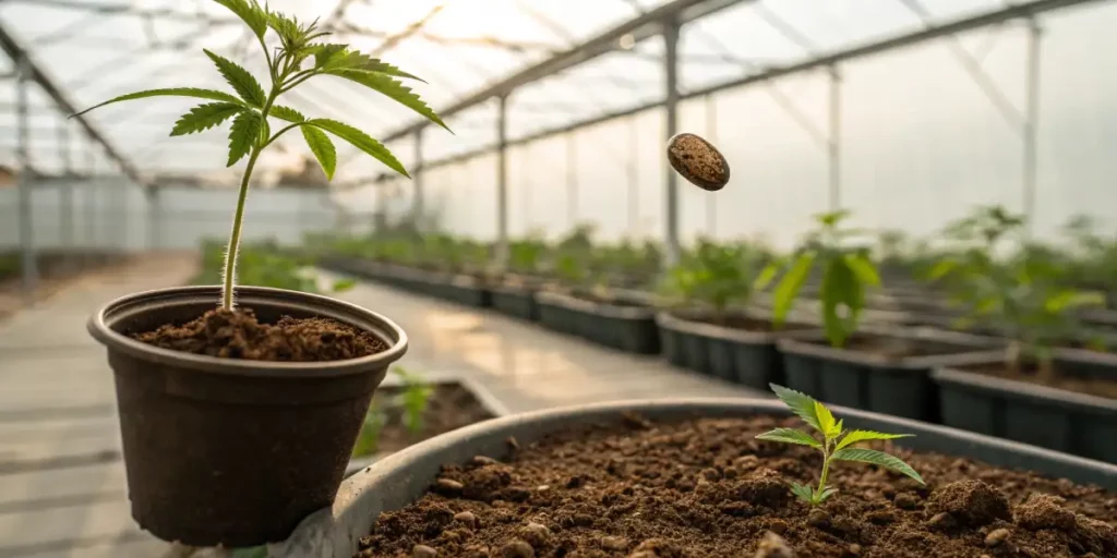Cannabis seed falling into a pot of soil with green plants in the background.