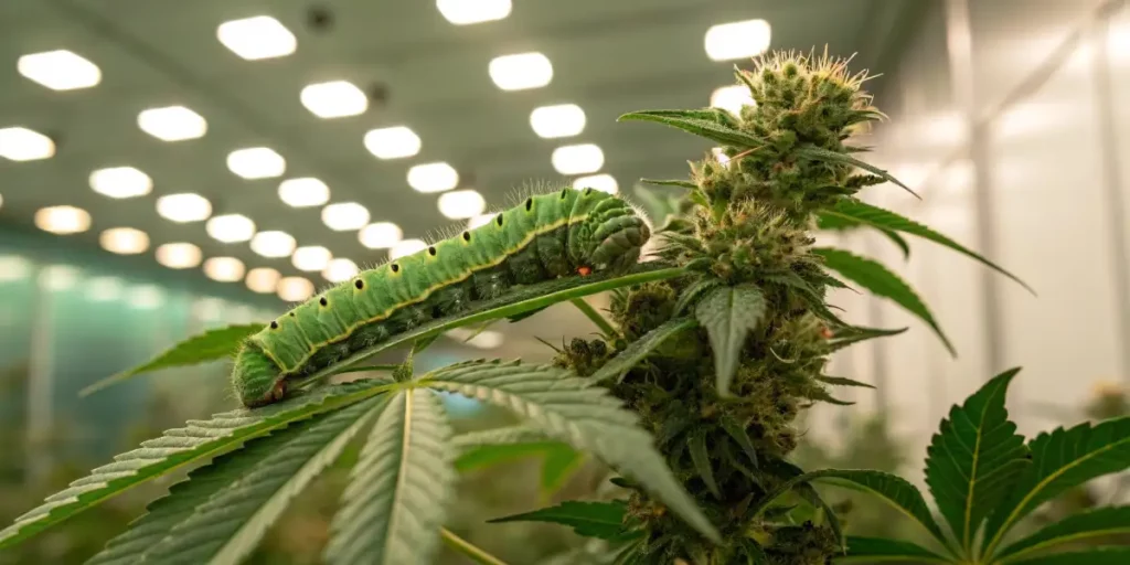 Green caterpillar on a cannabis plant in a modern grow room with bright lights.