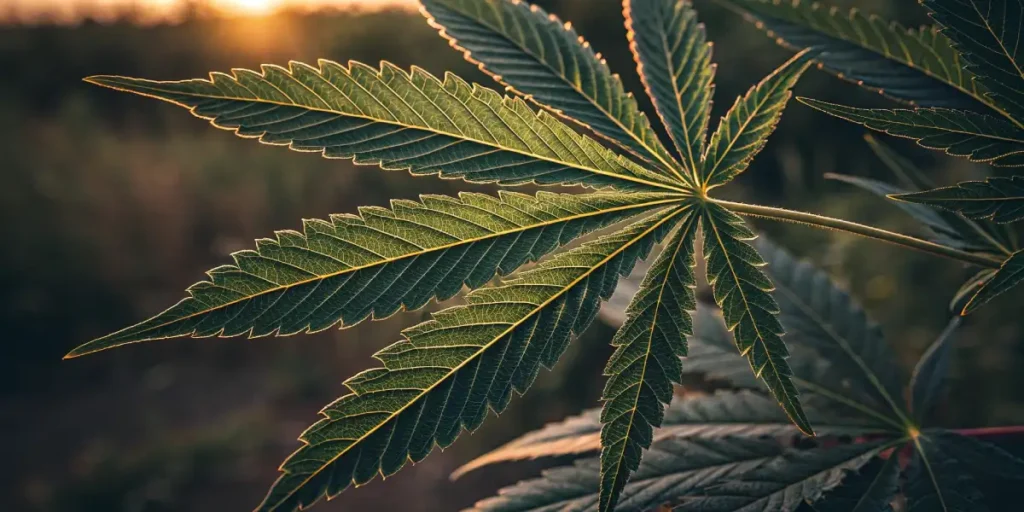 Close-up of a cannabis leaf illuminated by the setting sun, with fine details of the leaf veins and edges.