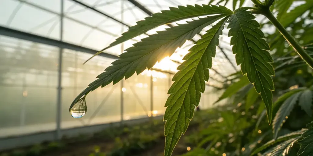 Close-up of a cannabis leaf with a droplet of xylem sap glistening in the sunlight.