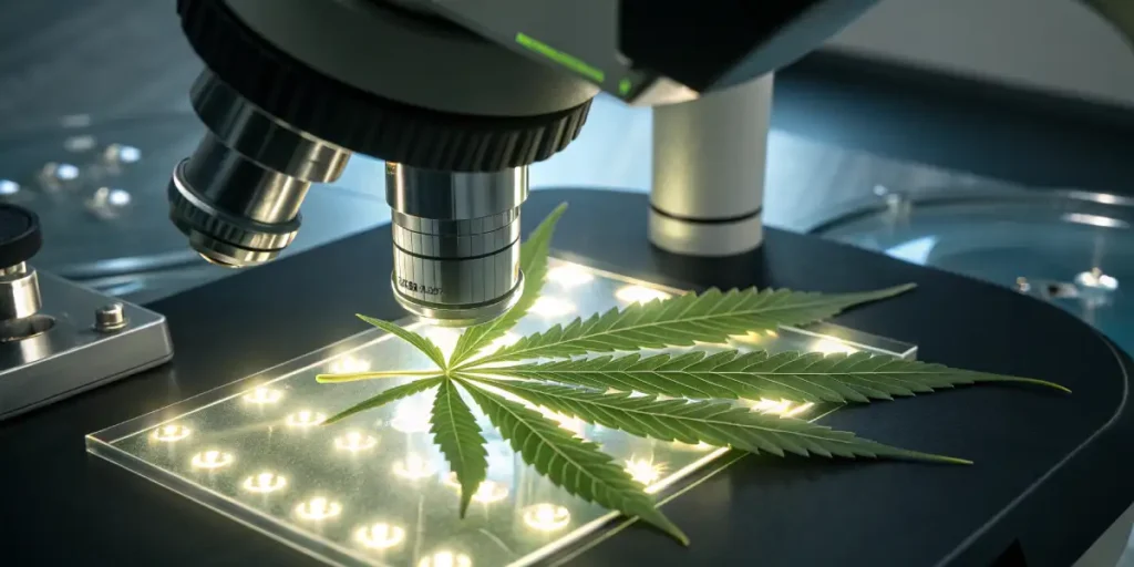 Close-up of a cannabis leaf showing detailed serrated edges and vibrant green color.