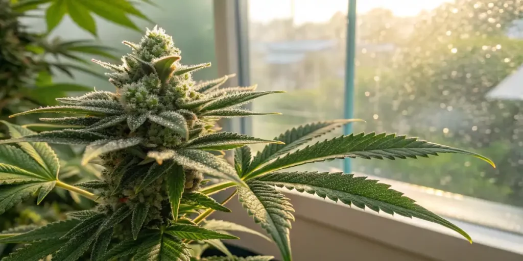 Close-up view of a cannabis plant with trichomes, highlighted by sunlight through a window.