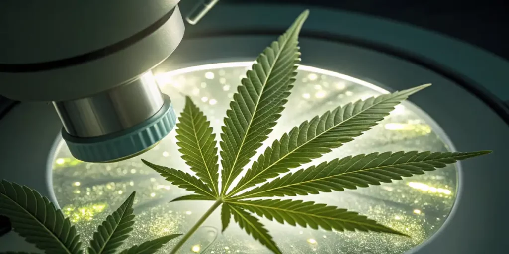 Close-up of a cannabis leaf, highlighting visible trichomes and intricate details.