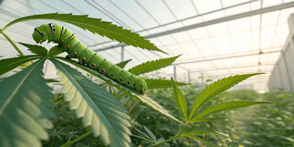 Close-up of large green caterpillar feeding on cannabis plant bud.
