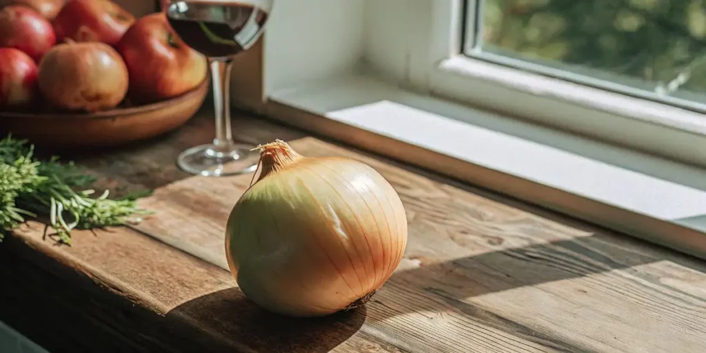 Close-up of a yellow onion, highlighting its texture and rich quercetin content.