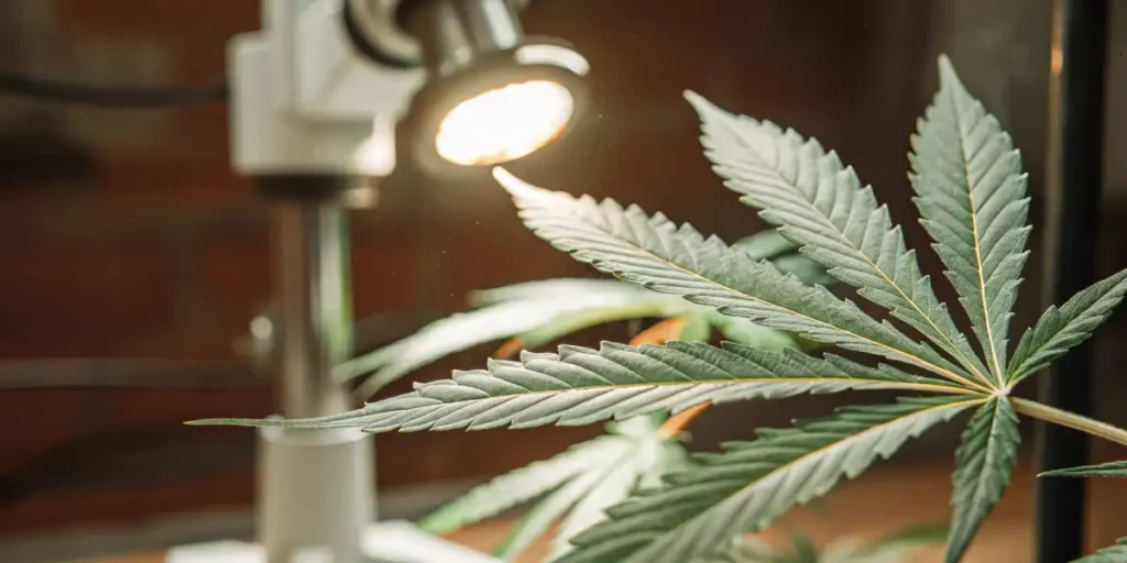 Close-up of a cannabis leaf showing visible trichomes under focused lighting.
