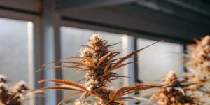Close-up shot of a cannabis sativa plant with visible leaves and buds.