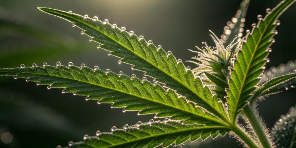 Close-up of cannabis leaf with droplets and visible trichomes under sunlight.