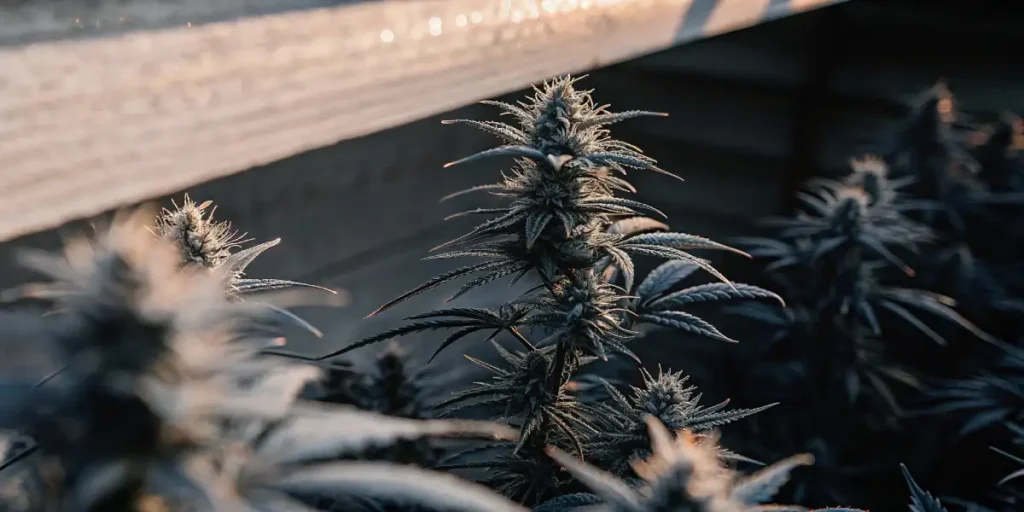 Close-up of a cannabis plant with focus on the buds and leaves during the flowering phase.