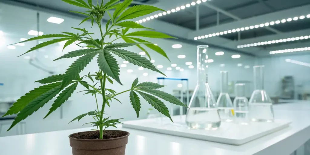 Close-up of a cannabis plant growing in a modern laboratory, with controlled lighting and a clean environment.
