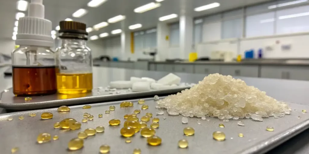 Close-up of THCA crystals and THC oil drops placed on a laboratory tray.