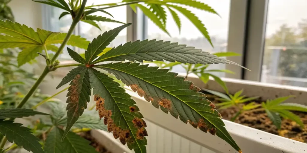 Close-up of a cannabis leaf with brown spots, indicating possible nutrient stress or damage.