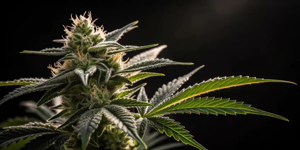 Close-up of cannabis bud with abundant trichomes and surrounding leaves.
