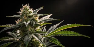 Close-up of cannabis bud with abundant trichomes and surrounding leaves.