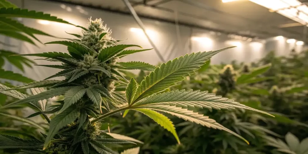 Close-up of cannabis plant with buds growing under artificial lighting in an indoor cultivation environment.