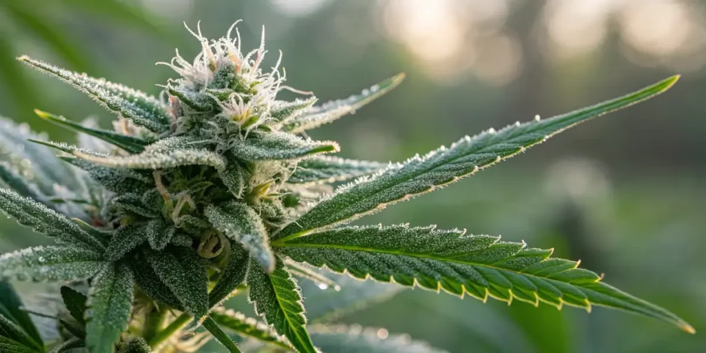 Close-up of a cannabis plant covered with glistening trichomes, with dew droplets on the leaves.