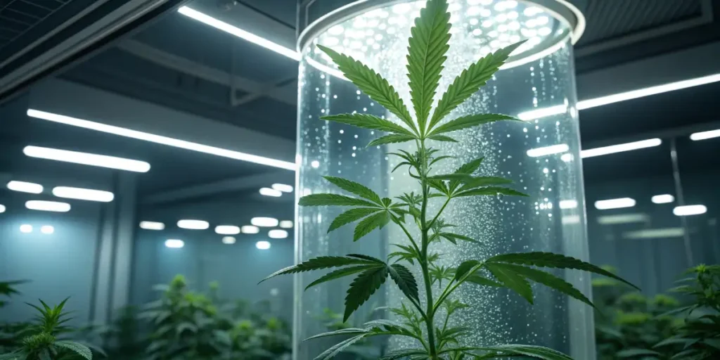 A detailed close-up of the top of a cannabis plant, focusing on the apex and surrounding leaves.