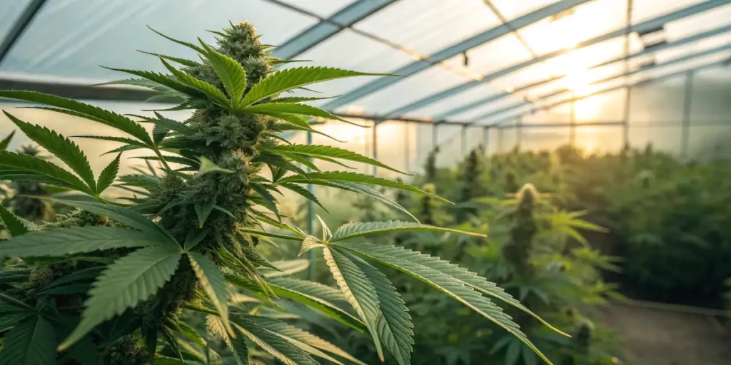 Close-up of a flourishing cannabis plant with visible buds and healthy green leaves.