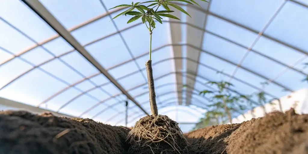 Close-up of adventitious roots emerging from a cannabis cutting submerged in water.