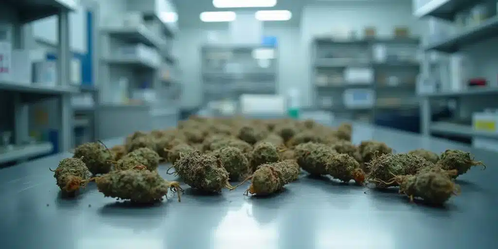 Dried cannabis root for gout remedies displayed on laboratory table for quality analysis.