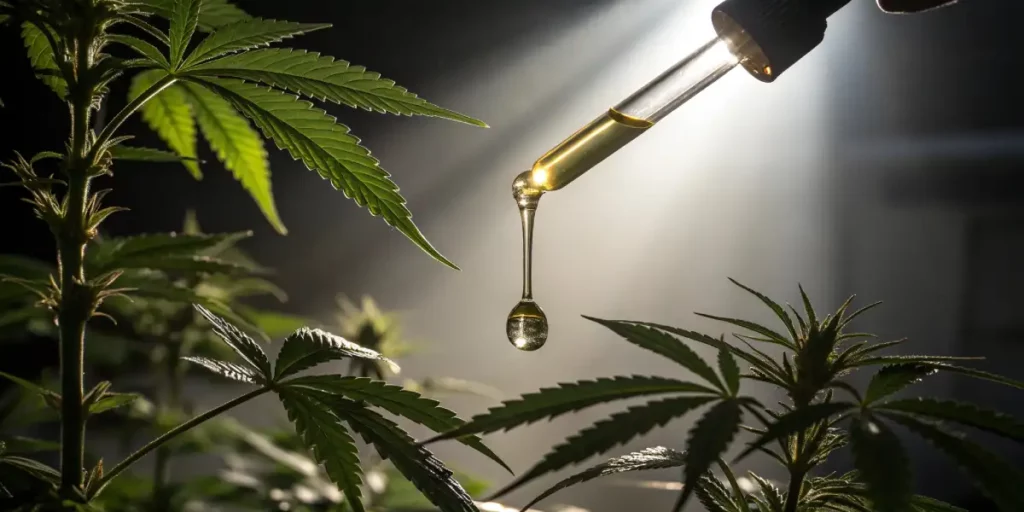 A droplet of THC-O oil suspended above a dropper, illuminated in a dark setting.